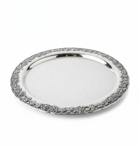 AKDC Round Steel Serving Tray – Silver Floral Design | 35 cm Elegant Tableware Piece - Al Kabayel Discount CentreAKDC Round Steel Serving Tray – Silver Floral Design | 35 cm Elegant Tableware PieceServing TraysAKDCAl Kabayel Discount Centre