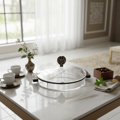 AKDC Round Transparent Acrylic 4 - Compartment Candy & Dry Fruit Box – 30.5 × 30 cm Elegant Table Organizer - Al Kabayel Discount CentreAKDC Round Transparent Acrylic 4 - Compartment Candy & Dry Fruit Box – 30.5 × 30 cm Elegant Table OrganizerJars & Food SaversAKDCAl Kabayel Discount Centre