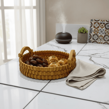 AKDC Round Wooden Basket with Handle – Natural Brown Finish, Classic Rustic Storage & Serving Basket, 26 × 6 cm - Al Kabayel Discount CentreAKDC Round Wooden Basket with Handle – Natural Brown Finish, Classic Rustic Storage & Serving Basket, 26 × 6 cmRattanAKDCAl Kabayel Discount Centre