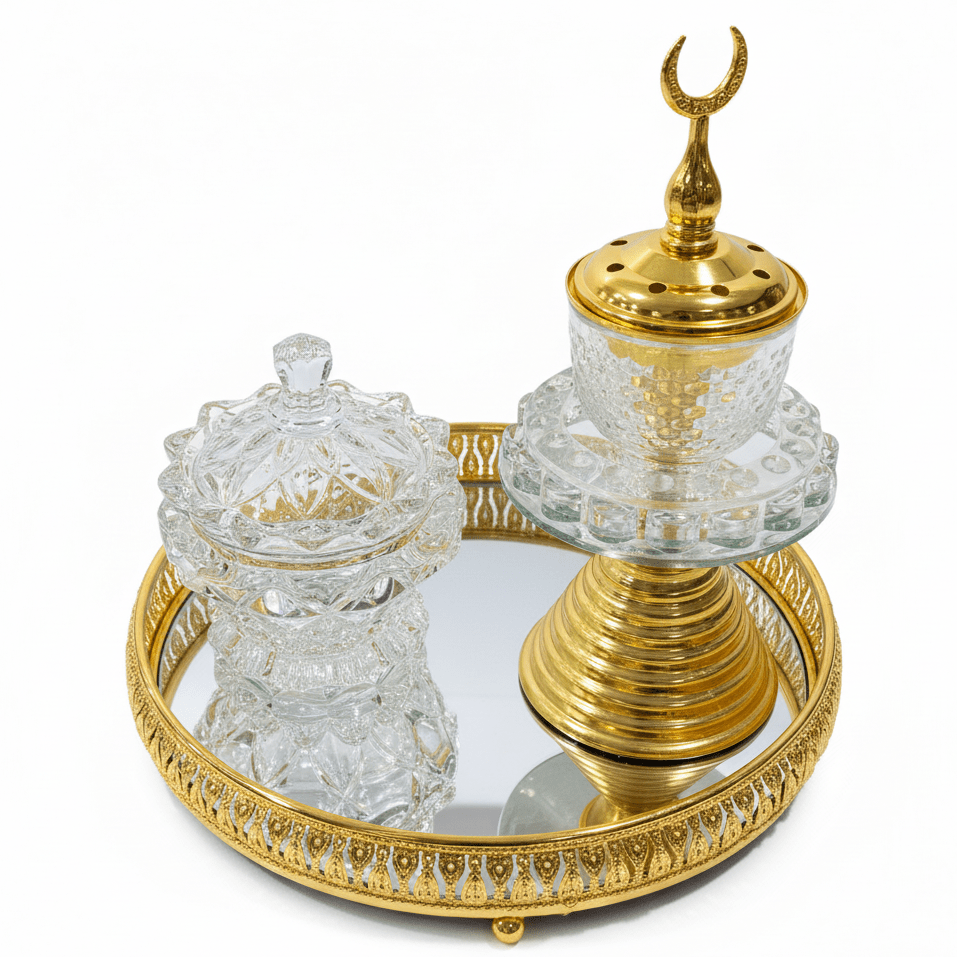 AKDC Royal Crescent Crystal & Gold Incense Burner Set | 20cm Mirrored Tray Collection - Al Kabayel Discount CentreAKDC Royal Crescent Crystal & Gold Incense Burner Set | 20cm Mirrored Tray CollectionIncense BurnerAKDCAl Kabayel Discount Centre