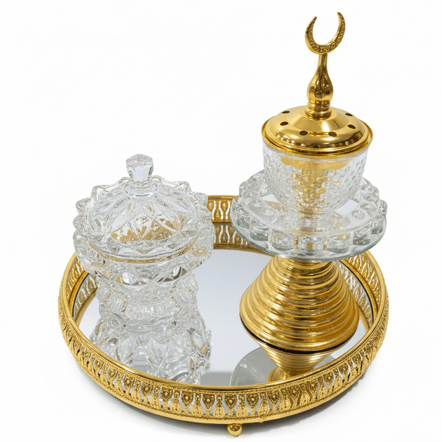 AKDC Royal Crescent Crystal & Gold Incense Burner Set | 20cm Mirrored Tray Collection - Al Kabayel Discount CentreAKDC Royal Crescent Crystal & Gold Incense Burner Set | 20cm Mirrored Tray CollectionIncense BurnerAKDCAl Kabayel Discount Centre