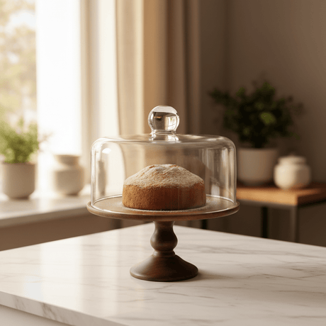 AKDC RusticServe Wooden Footed Round Cake Tray with Clear Glass Lid Bakery Display Stand 24×24cm - Al Kabayel Discount CentreAKDC RusticServe Wooden Footed Round Cake Tray with Clear Glass Lid Bakery Display Stand 24×24cmServing TraysVERANESEAl Kabayel Discount Centre