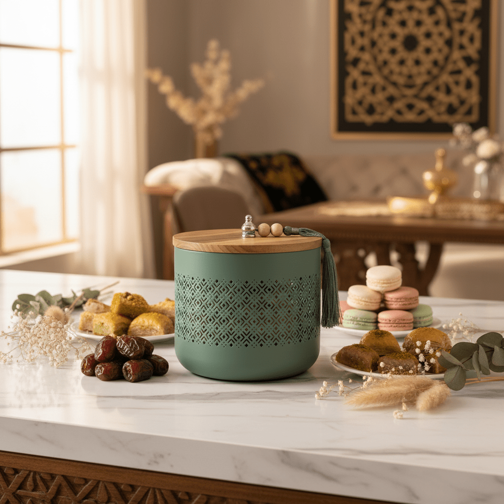 AKDC Sage Green Metal Candy Storage Jar with Wooden Lid – Elegant Kitchen Storage for Sweets & Snacks – 18 × 17 cm - Al Kabayel Discount CentreAKDC Sage Green Metal Candy Storage Jar with Wooden Lid – Elegant Kitchen Storage for Sweets & Snacks – 18 × 17 cmJars & Food SaversAKDCAl Kabayel Discount Centre