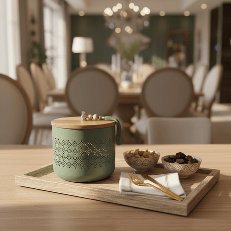AKDC Sage Green Metal Candy Storage Jar with Wooden Lid – Elegant Kitchen Storage for Sweets & Snacks – 18 × 17 cm - Al Kabayel Discount CentreAKDC Sage Green Metal Candy Storage Jar with Wooden Lid – Elegant Kitchen Storage for Sweets & Snacks – 18 × 17 cmJars & Food SaversAKDCAl Kabayel Discount Centre