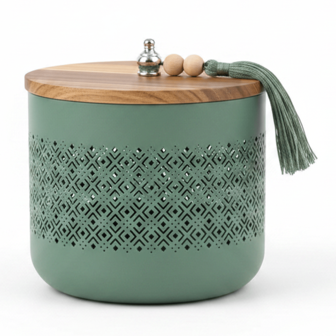 AKDC Sage Green Metal Candy Storage Jar with Wooden Lid – Elegant Kitchen Storage for Sweets & Snacks – 18 × 17 cm - Al Kabayel Discount CentreAKDC Sage Green Metal Candy Storage Jar with Wooden Lid – Elegant Kitchen Storage for Sweets & Snacks – 18 × 17 cmJars & Food SaversAKDCAl Kabayel Discount Centre