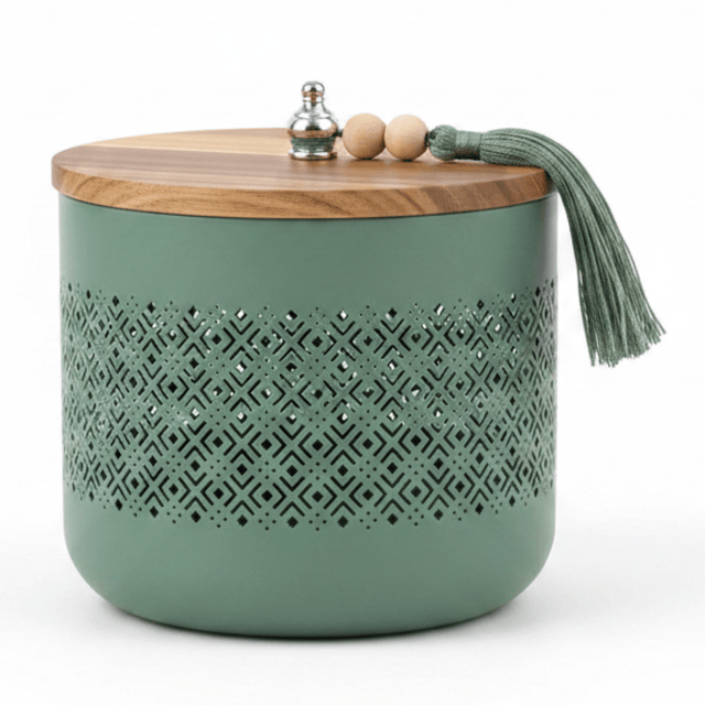 AKDC Sage Green Metal Candy Storage Jar with Wooden Lid – Elegant Kitchen Storage for Sweets & Snacks – 18 × 17 cm - Al Kabayel Discount CentreAKDC Sage Green Metal Candy Storage Jar with Wooden Lid – Elegant Kitchen Storage for Sweets & Snacks – 18 × 17 cmJars & Food SaversAKDCAl Kabayel Discount Centre