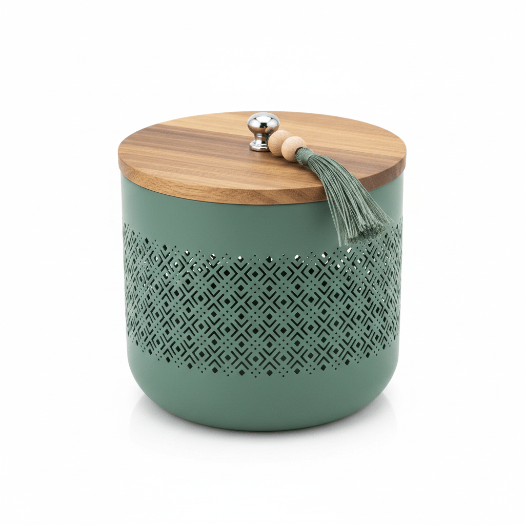 AKDC Sage Green Metal Candy Storage Jar with Wooden Lid – Elegant Kitchen Storage for Sweets & Snacks – 18 × 17 cm - Al Kabayel Discount CentreAKDC Sage Green Metal Candy Storage Jar with Wooden Lid – Elegant Kitchen Storage for Sweets & Snacks – 18 × 17 cmJars & Food SaversAKDCAl Kabayel Discount Centre