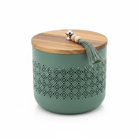 AKDC Sage Green Metal Candy Storage Jar with Wooden Lid – Elegant Kitchen Storage for Sweets & Snacks – 18 × 17 cm - Al Kabayel Discount CentreAKDC Sage Green Metal Candy Storage Jar with Wooden Lid – Elegant Kitchen Storage for Sweets & Snacks – 18 × 17 cmJars & Food SaversAKDCAl Kabayel Discount Centre