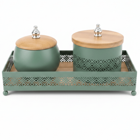 AKDC Sage Green Metal & Wooden Rectangular Tray with 2 Candy Bowls – Stylish Serving Set for Snacks – 26 × 12 cm - Al Kabayel Discount CentreAKDC Sage Green Metal & Wooden Rectangular Tray with 2 Candy Bowls – Stylish Serving Set for Snacks – 26 × 12 cmServing TraysAKDCAl Kabayel Discount Centre