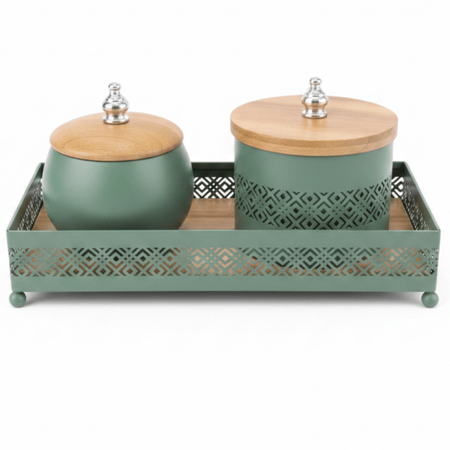 AKDC Sage Green Metal & Wooden Rectangular Tray with 2 Candy Bowls – Stylish Serving Set for Snacks – 26 × 12 cm - Al Kabayel Discount CentreAKDC Sage Green Metal & Wooden Rectangular Tray with 2 Candy Bowls – Stylish Serving Set for Snacks – 26 × 12 cmServing TraysAKDCAl Kabayel Discount Centre