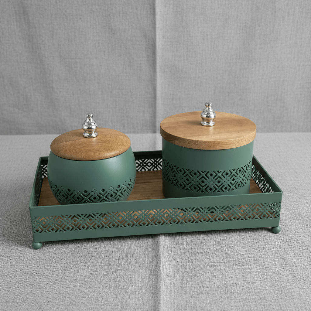 AKDC Sage Green Metal & Wooden Rectangular Tray with 2 Candy Bowls – Stylish Serving Set for Snacks – 26 × 12 cm - Al Kabayel Discount CentreAKDC Sage Green Metal & Wooden Rectangular Tray with 2 Candy Bowls – Stylish Serving Set for Snacks – 26 × 12 cmServing TraysAKDCAl Kabayel Discount Centre