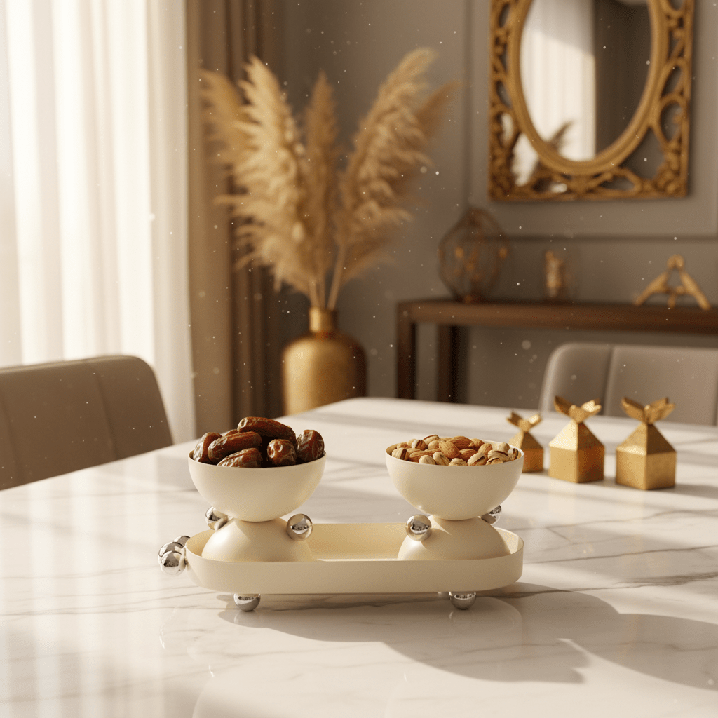 AKDC Silver & Cream Round Candy Pot with Matching Serving Tray – Premium Decorative Set for Sweets Dates & Desserts – Elegant Hosting Essential – 26x10 cm - Al Kabayel Discount CentreAKDC Silver & Cream Round Candy Pot with Matching Serving Tray – Premium Decorative Set for Sweets Dates & Desserts – Elegant Hosting Essential – 26x10 cmServing TraysAKDCAl Kabayel Discount Centre