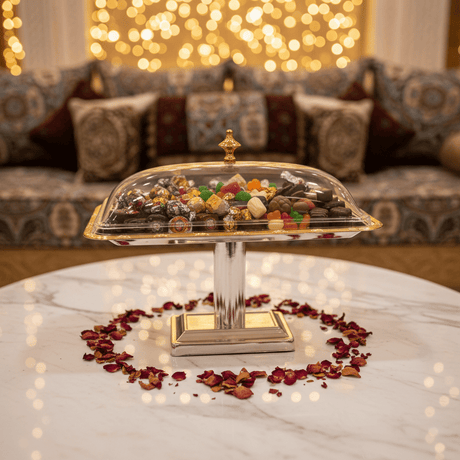 AKDC Silver Metal Footed Candy Tray with Transparent Acrylic Cover for Dust - Free Serving – 18×15 cm - Al Kabayel Discount CentreAKDC Silver Metal Footed Candy Tray with Transparent Acrylic Cover for Dust - Free Serving – 18×15 cmServing TraysAKDCAl Kabayel Discount Centre