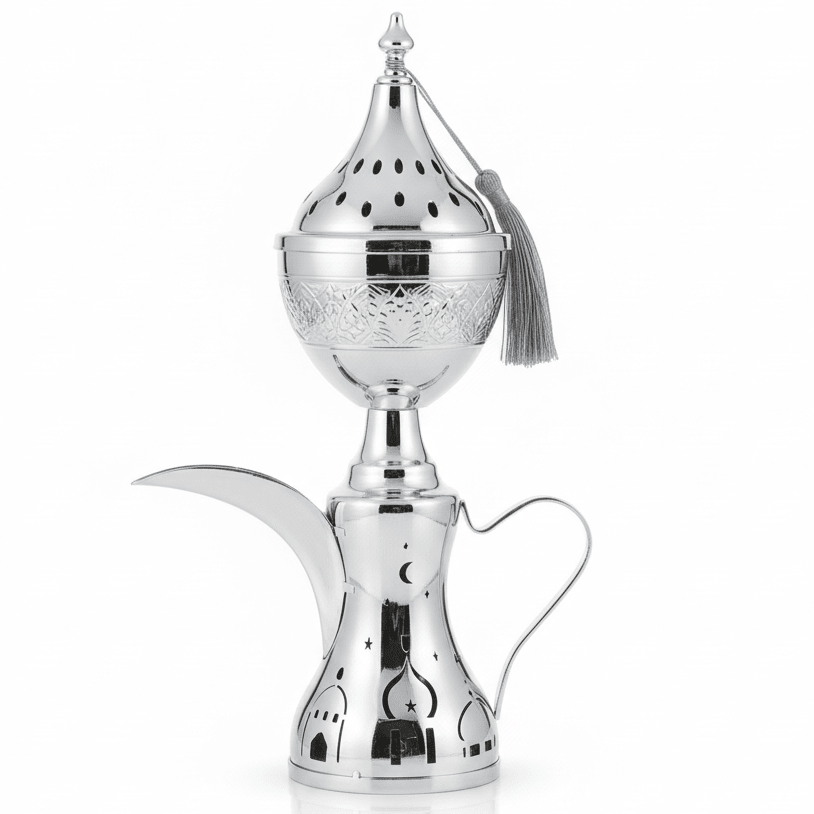 AKDC Silver Metal Incense Burner with Dallah Base Traditional Arabic Style Burner 35cm - Al Kabayel Discount CentreAKDC Silver Metal Incense Burner with Dallah Base Traditional Arabic Style Burner 35cmIncense BurnerAKDCAl Kabayel Discount Centre