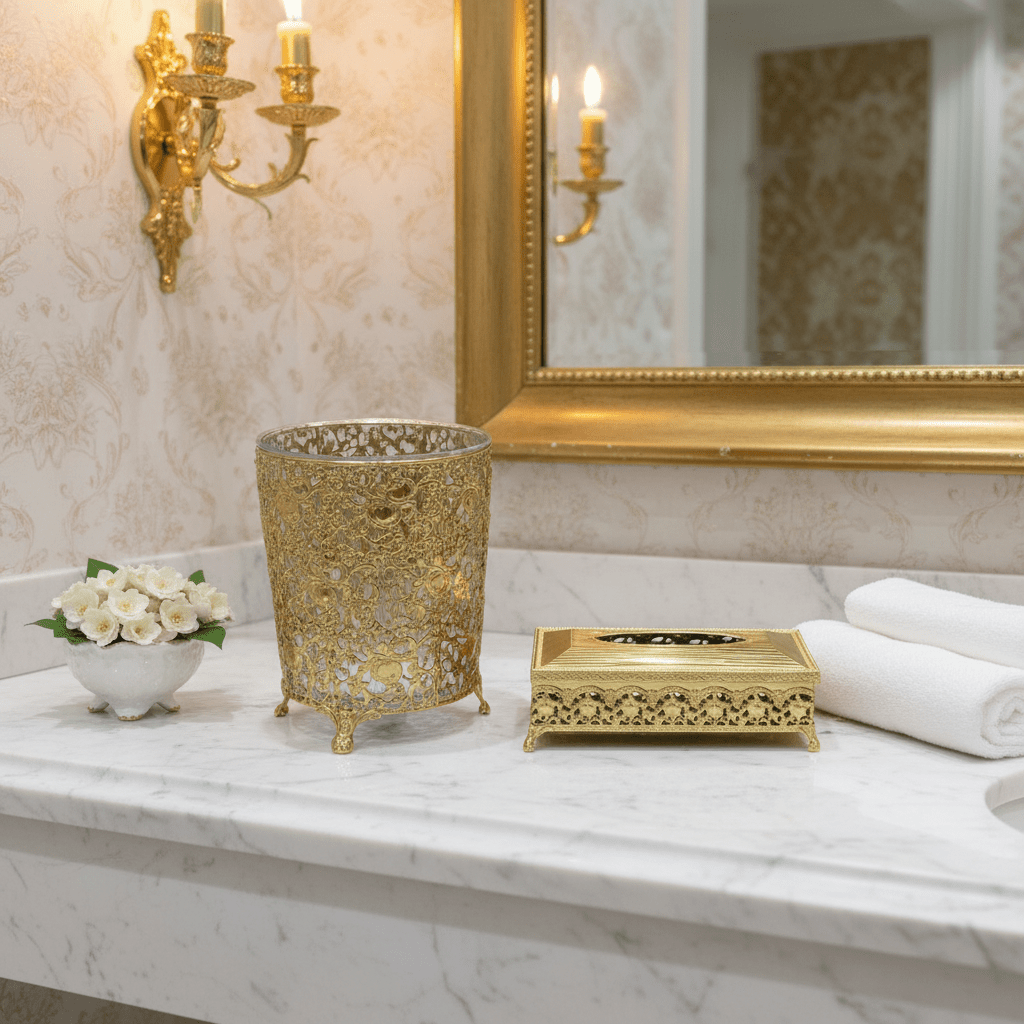 AKDC Space - Saving Acrylic Waste Bin and Tissue Holder Set with Elegant Gold Base for Modern Interiors – Dustbin 27×22 cm, Tissue Box 26×13 cm - Al Kabayel Discount CentreAKDC Space - Saving Acrylic Waste Bin and Tissue Holder Set with Elegant Gold Base for Modern Interiors – Dustbin 27×22 cm, Tissue Box 26×13 cmOrganizers & AccessoriesAKDCAl Kabayel Discount Centre