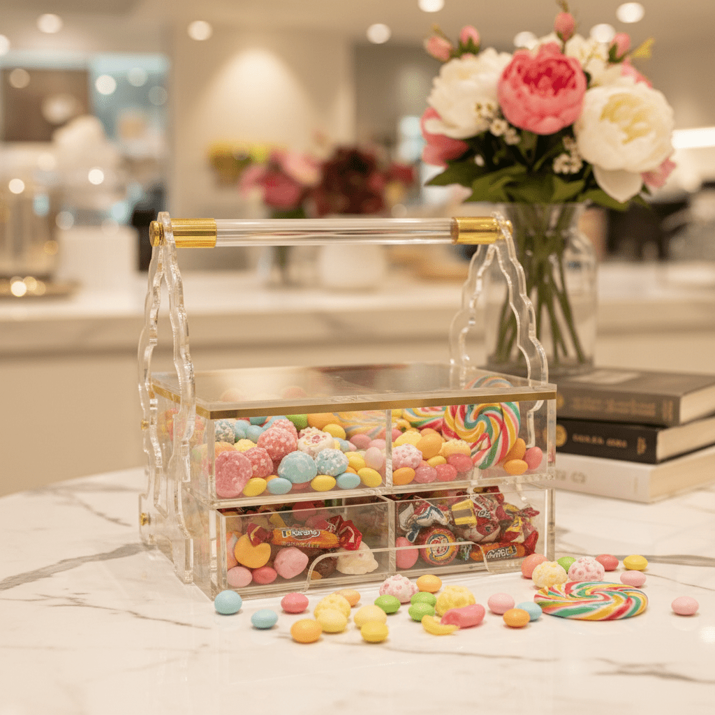 AKDC Square Acrylic 4 Compartment Candy Box Transparent Storage Organizer for Snacks Dry Fruits and Sweets 24 x 24 cm - Al Kabayel Discount CentreAKDC Square Acrylic 4 Compartment Candy Box Transparent Storage Organizer for Snacks Dry Fruits and Sweets 24 x 24 cmServing TraysAKDCAl Kabayel Discount Centre