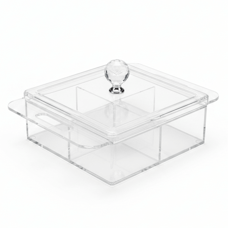 AKDC Square Clear Acrylic 4 Section Candy Organizer Box with Lid Multipurpose Storage Container 24x24x6 cm - Al Kabayel Discount CentreAKDC Square Clear Acrylic 4 Section Candy Organizer Box with Lid Multipurpose Storage Container 24x24x6 cmServing TraysAKDCAl Kabayel Discount Centre