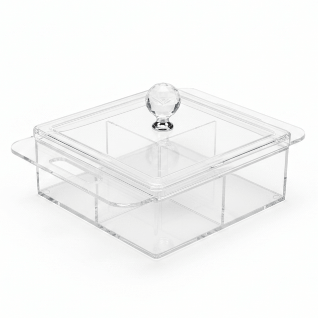 AKDC Square Clear Acrylic 4 Section Candy Organizer Box with Lid Multipurpose Storage Container 24x24x6 cm - Al Kabayel Discount CentreAKDC Square Clear Acrylic 4 Section Candy Organizer Box with Lid Multipurpose Storage Container 24x24x6 cmServing TraysAKDCAl Kabayel Discount Centre