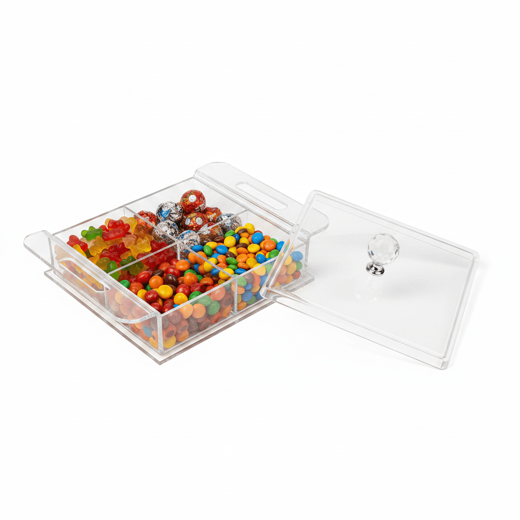 AKDC Square Clear Acrylic 4 Section Candy Organizer Box with Lid Multipurpose Storage Container 24x24x6 cm - Al Kabayel Discount CentreAKDC Square Clear Acrylic 4 Section Candy Organizer Box with Lid Multipurpose Storage Container 24x24x6 cmServing TraysAKDCAl Kabayel Discount Centre