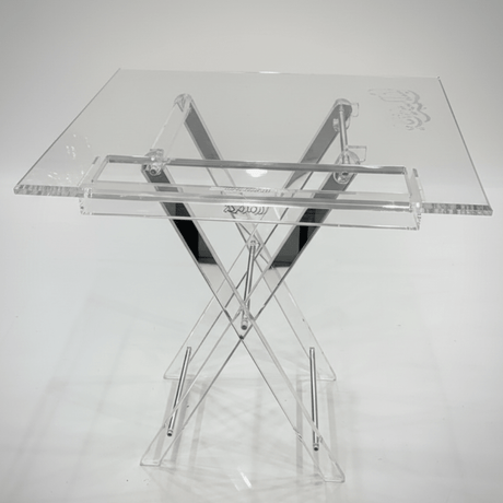 AKDC Square Clear Acrylic Foldable Table Set with Silver Metal Supports and Subtle Arabic Calligraphy Pattern Contemporary Design 50x40x47 cm - Al Kabayel Discount CentreAKDC Square Clear Acrylic Foldable Table Set with Silver Metal Supports and Subtle Arabic Calligraphy Pattern Contemporary Design 50x40x47 cmOrganizers & AccessoriesAKDCAl Kabayel Discount Centre