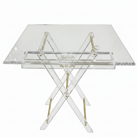 AKDC Square Clear Acrylic Folding Table Set with Gold Metal Support Bars and Arabic Calligraphy Design Elegant 4 - Piece Collection 45x45x47 cm - Al Kabayel Discount CentreAKDC Square Clear Acrylic Folding Table Set with Gold Metal Support Bars and Arabic Calligraphy Design Elegant 4 - Piece Collection 45x45x47 cmOrganizers & AccessoriesAKDCAl Kabayel Discount Centre