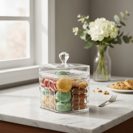 AKDC Square Diamond Cut Acrylic Storage Jar with Lid for Kitchen Counter Storage 12 × 12 cm - Al Kabayel Discount CentreAKDC Square Diamond Cut Acrylic Storage Jar with Lid for Kitchen Counter Storage 12 × 12 cmJars & Food SaversAKDCAl Kabayel Discount Centre