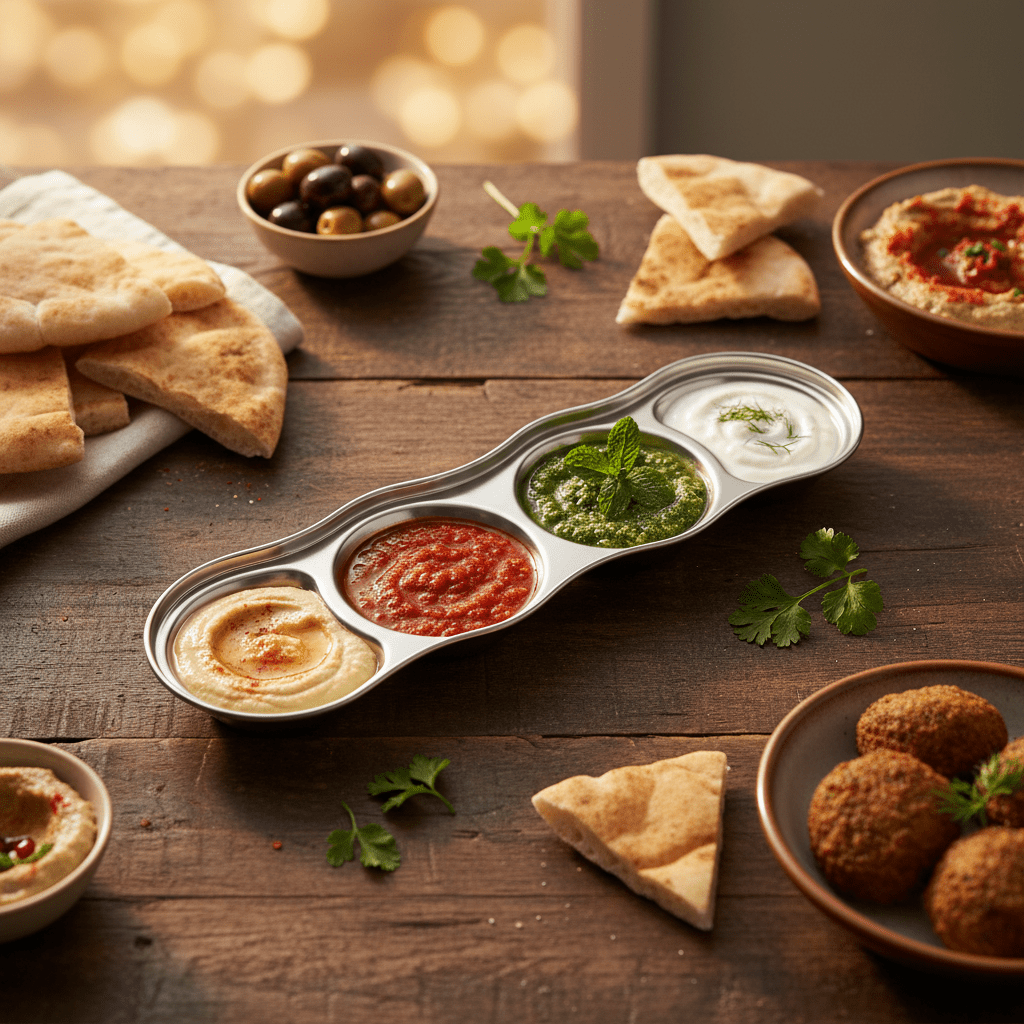 AKDC Stainless Steel 4 - Part Sauce & Condiment Tray | 27cm × 8cm - Al Kabayel Discount CentreAKDC Stainless Steel 4 - Part Sauce & Condiment Tray | 27cm × 8cmServing TraysAKDCAl Kabayel Discount Centre