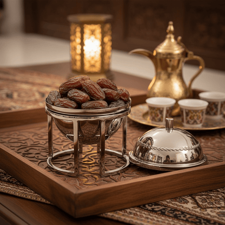 AKDC Stainless Steel Dates Bowl with Lid and Decorative Stand for Stylish Serving – 12.5 × 15 cm - Al Kabayel Discount CentreAKDC Stainless Steel Dates Bowl with Lid and Decorative Stand for Stylish Serving – 12.5 × 15 cmBowlsAKDCAl Kabayel Discount Centre