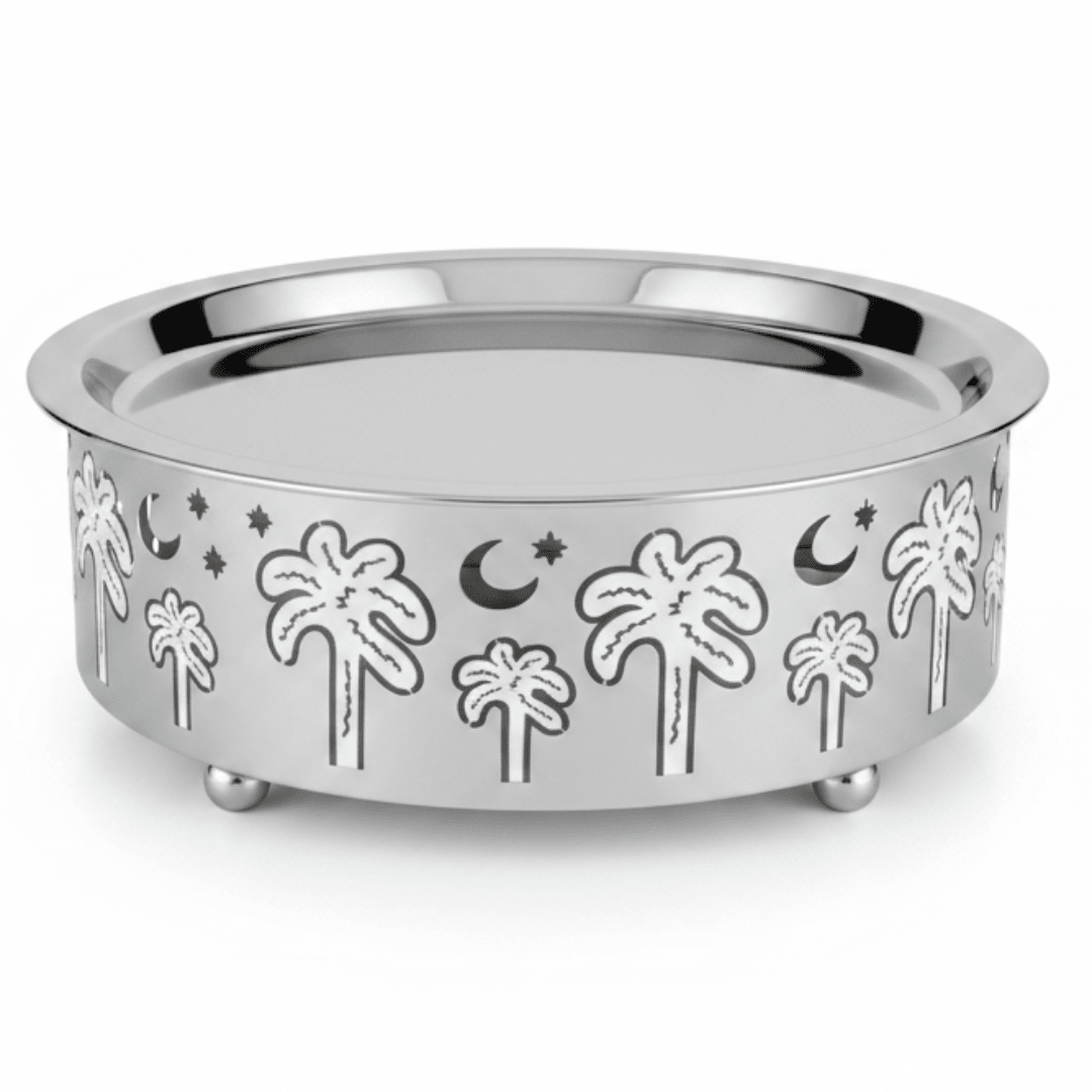 AKDC Stainless Steel Food Server with Palm Tree Design Base for Elegant Buffet & Table Serving – 30 × 10 cm - Al Kabayel Discount CentreAKDC Stainless Steel Food Server with Palm Tree Design Base for Elegant Buffet & Table Serving – 30 × 10 cmServing TraysAKDCAl Kabayel Discount Centre