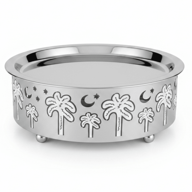 AKDC Stainless Steel Food Server with Palm Tree Design Base for Elegant Buffet & Table Serving – 30 × 10 cm - Al Kabayel Discount CentreAKDC Stainless Steel Food Server with Palm Tree Design Base for Elegant Buffet & Table Serving – 30 × 10 cmServing TraysAKDCAl Kabayel Discount Centre