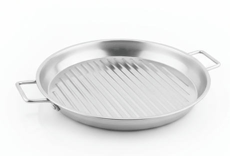 AKDC Stainless Steel Round Grill Pan – 23cm | Ridged Grilling Surface | Dual Handles - Al Kabayel Discount CentreAKDC Stainless Steel Round Grill Pan – 23cm | Ridged Grilling Surface | Dual HandlesServing TraysAKDCAl Kabayel Discount Centre