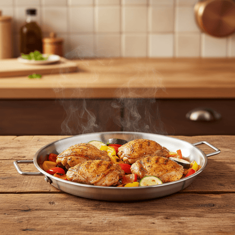 AKDC Stainless Steel Round Grill Pan – 23cm | Ridged Grilling Surface | Dual Handles - Al Kabayel Discount CentreAKDC Stainless Steel Round Grill Pan – 23cm | Ridged Grilling Surface | Dual HandlesServing TraysAKDCAl Kabayel Discount Centre