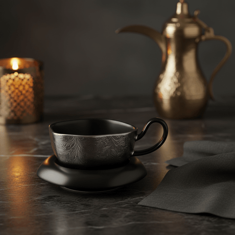 AKDC Stylish Silver Ceramic Cup with Modern Decorative Finish & Contrasting Black Saucer 200ml - Al Kabayel Discount CentreAKDC Stylish Silver Ceramic Cup with Modern Decorative Finish & Contrasting Black Saucer 200mlTea CupsAKDCAl Kabayel Discount Centre