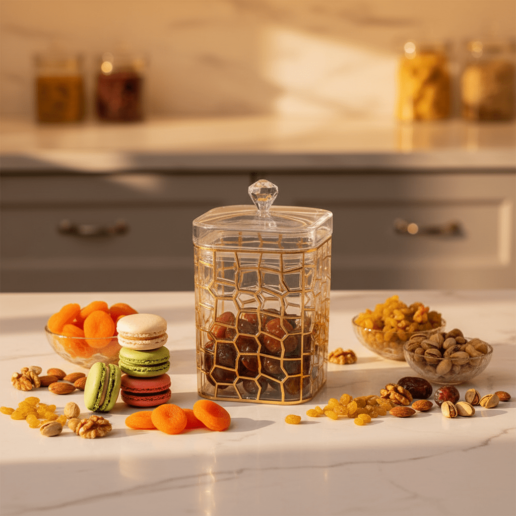 AKDC Tall Gold Accent Acrylic Storage Canister with Lid for Pantry Organization 17 × 12 cm - Al Kabayel Discount CentreAKDC Tall Gold Accent Acrylic Storage Canister with Lid for Pantry Organization 17 × 12 cmJars & Food SaversAKDCAl Kabayel Discount Centre