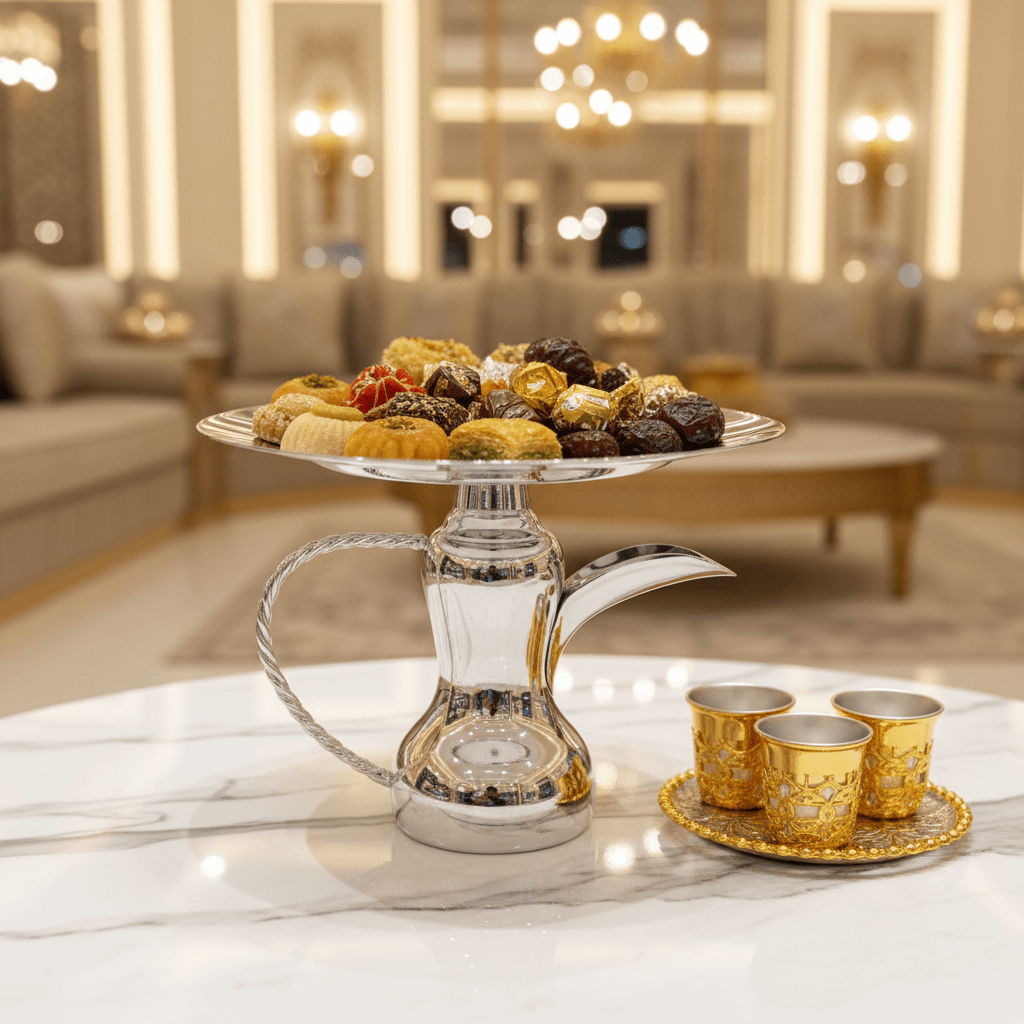 AKDC Traditional Silver Candy Tray with Classic Dallah Base for Authentic Arabic Serving Style – 26×21 cm - Al Kabayel Discount CentreAKDC Traditional Silver Candy Tray with Classic Dallah Base for Authentic Arabic Serving Style – 26×21 cmServing TraysAKDCAl Kabayel Discount Centre