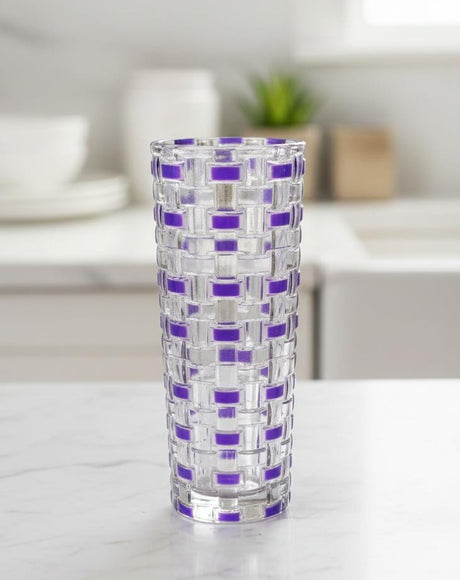 AKDC Transparent Glass Vase with Violet Rectangle Design – Decorative Artistic Pattern – 30×12 cm - Al Kabayel Discount CentreAKDC Transparent Glass Vase with Violet Rectangle Design – Decorative Artistic Pattern – 30×12 cmFlower/Plant PotsAKDCAl Kabayel Discount Centre