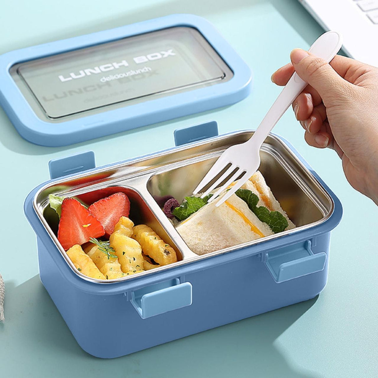 AKDC Two Compartment Lunch Box with Cutlery 850ml, SUS304 Stainless Steel Interior, Navy Blue - Al Kabayel Discount CentreAKDC Two Compartment Lunch Box with Cutlery 850ml, SUS304 Stainless Steel Interior, Navy BlueFood ContainersAKDCAl Kabayel Discount Centre
