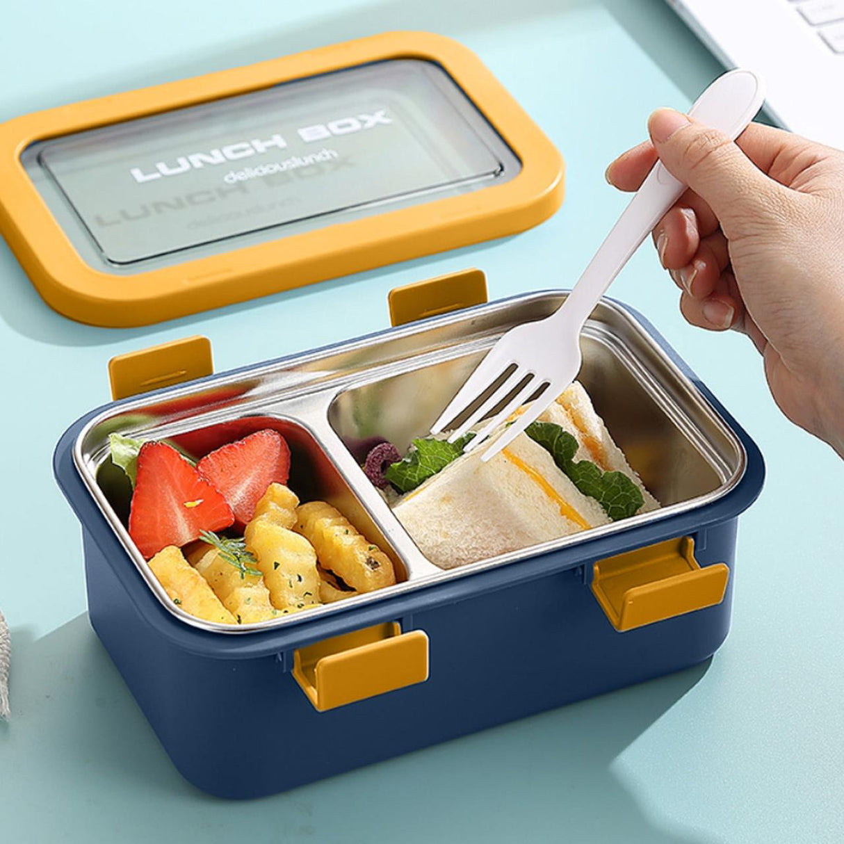 AKDC Two Compartment Lunch Box with Cutlery 850ml, SUS304 Stainless Steel Interior, Navy Blue/Yellow - Al Kabayel Discount CentreAKDC Two Compartment Lunch Box with Cutlery 850ml, SUS304 Stainless Steel Interior, Navy Blue/YellowFood ContainersAKDCAl Kabayel Discount Centre