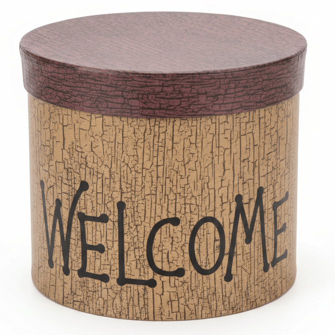 AKDC Vintage Crackle Tan Round Cardboard Gift Box with Welcome Text Design Lid for Gift Presentation, Hampers & Storage – 17×15 cm - Al Kabayel Discount CentreAKDC Vintage Crackle Tan Round Cardboard Gift Box with Welcome Text Design Lid for Gift Presentation, Hampers & Storage – 17×15 cmPacking & Wrapping SuppliesAKDCAl Kabayel Discount Centre