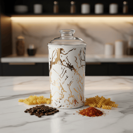 AKDC White and Gold Premium Acrylic Storage Canister with Lid for Modern Kitchen Storage 17 × 10 cm - Al Kabayel Discount CentreAKDC White and Gold Premium Acrylic Storage Canister with Lid for Modern Kitchen Storage 17 × 10 cmJars & Food SaversAKDCAl Kabayel Discount Centre