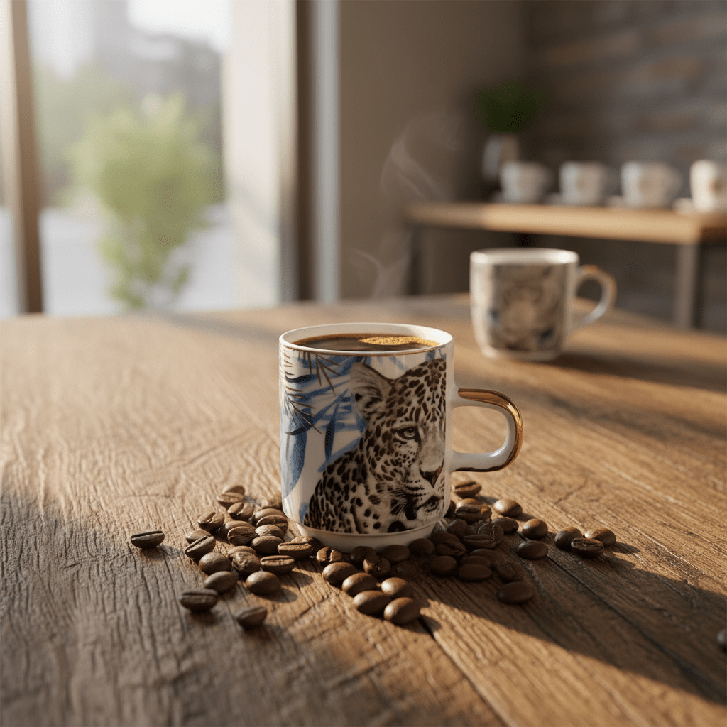 AKDC White Ceramic Mug with Black Tiger Artwork and Premium Gold Handle for Unique Style – 80ml - Al Kabayel Discount CentreAKDC White Ceramic Mug with Black Tiger Artwork and Premium Gold Handle for Unique Style – 80mlMugsAKDCAl Kabayel Discount Centre