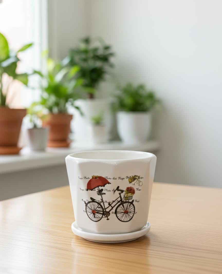AKDC White Ceramic Pot with Cycle Artwork Design – 12×13 cm - Al Kabayel Discount CentreAKDC White Ceramic Pot with Cycle Artwork Design – 12×13 cmFlower/Plant PotsAKDCAl Kabayel Discount Centre
