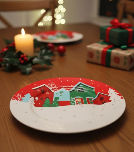 AKDC White Ceramic Round Plate 20 cm – Red Xmas House Design Decorative Plate - Al Kabayel Discount CentreAKDC White Ceramic Round Plate 20 cm – Red Xmas House Design Decorative PlatePlatesAKDCAl Kabayel Discount Centre