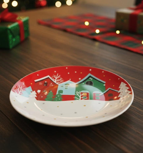 AKDC White Ceramic Round Plate 26 cm – Red Xmas House Design Holiday Plate - Al Kabayel Discount CentreAKDC White Ceramic Round Plate 26 cm – Red Xmas House Design Holiday PlatePlatesAKDCAl Kabayel Discount Centre
