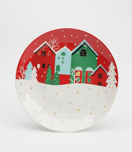 AKDC White Ceramic Round Plate 26 cm – Red Xmas House Design Holiday Plate - Al Kabayel Discount CentreAKDC White Ceramic Round Plate 26 cm – Red Xmas House Design Holiday PlatePlatesAKDCAl Kabayel Discount Centre