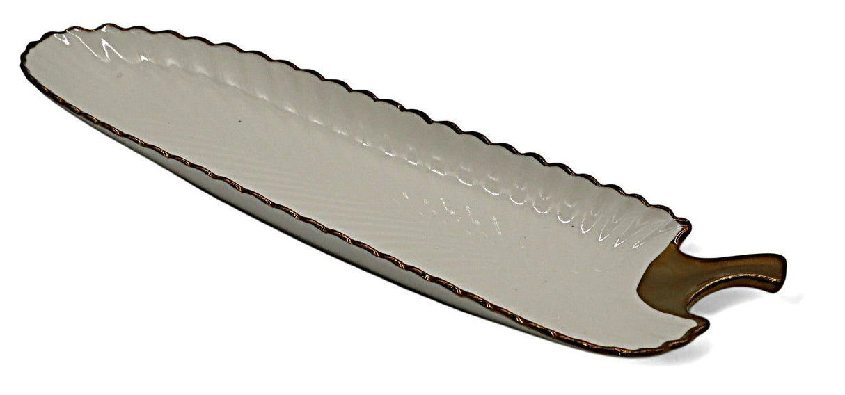 AKDC White & Gold Ceramic Leaf Plate – 40×10 cm, Stylish Long Leaf Design - Al Kabayel Discount CentreAKDC White & Gold Ceramic Leaf Plate – 40×10 cm, Stylish Long Leaf DesignServing TraysAKDCAl Kabayel Discount Centre