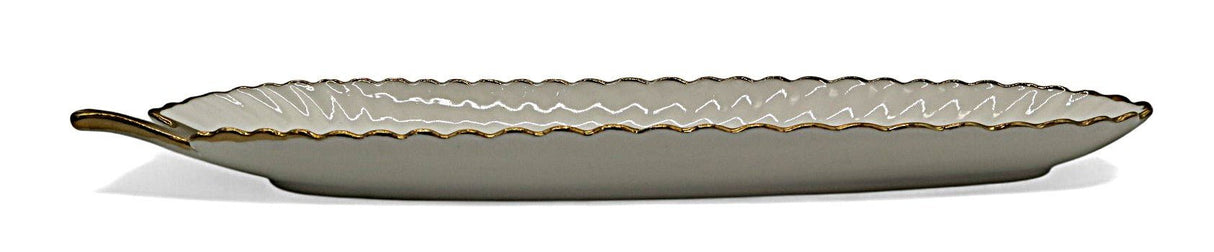 AKDC White & Gold Ceramic Leaf Plate – 40×10 cm, Stylish Long Leaf Design - Al Kabayel Discount CentreAKDC White & Gold Ceramic Leaf Plate – 40×10 cm, Stylish Long Leaf DesignServing TraysAKDCAl Kabayel Discount Centre