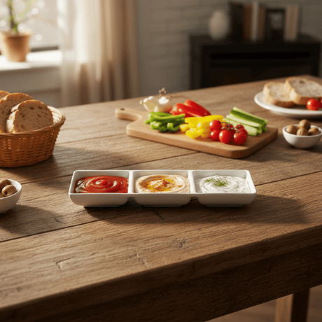 AKDC White Melamine Rectangle 3 Portion Sauce Bowl 3.5 Inch Triple Dip Bowl for Serving Variety Sauces - Al Kabayel Discount CentreAKDC White Melamine Rectangle 3 Portion Sauce Bowl 3.5 Inch Triple Dip Bowl for Serving Variety SaucesBowlsAKDCAl Kabayel Discount Centre