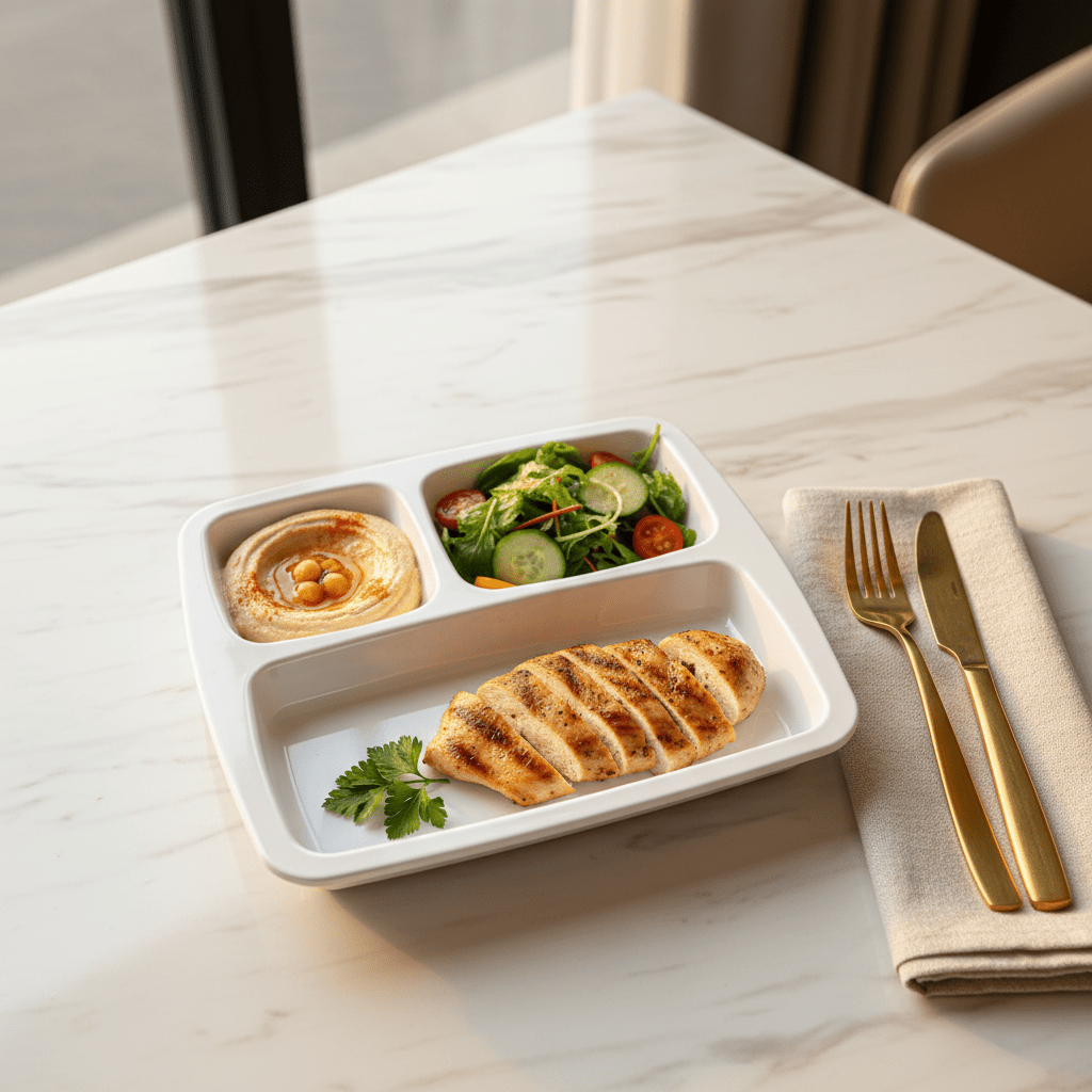 AKDC White Square Melamine 3 Portion Serving Plate 23.5 × 23.5 cm Durable Food Grade Compartment Tray for Home Restaurant Use - Al Kabayel Discount CentreAKDC White Square Melamine 3 Portion Serving Plate 23.5 × 23.5 cm Durable Food Grade Compartment Tray for Home Restaurant UsePlatesAKDCAl Kabayel Discount Centre