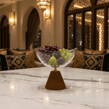 AKDC Wooden Footed Glass Fruit Bowl – Elegant Display Bowl for Dining Table & Kitchen Use – 20 cm - Al Kabayel Discount CentreAKDC Wooden Footed Glass Fruit Bowl – Elegant Display Bowl for Dining Table & Kitchen Use – 20 cmBowlsAKDCAl Kabayel Discount Centre